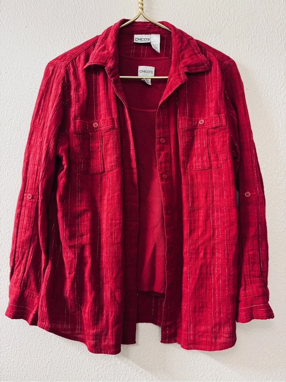 Chico's Red Textured Button-Up Shirt With Matching Tank Top